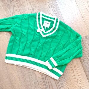 aerie Green and White V-Neck Cable Knit Sweater